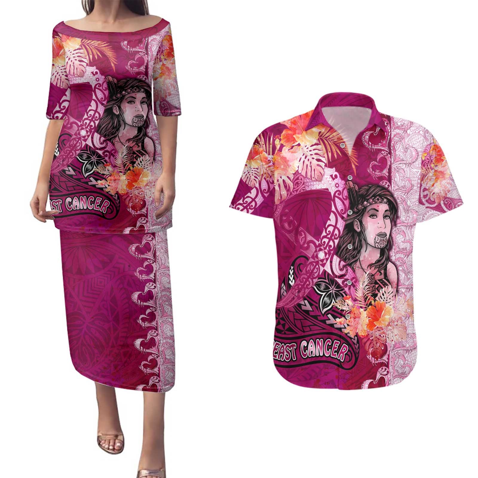 Breast Cancer New Zealand Couples Matching Puletasi and Hawaiian Shirt Maori Aotearoa Girl Pink Out