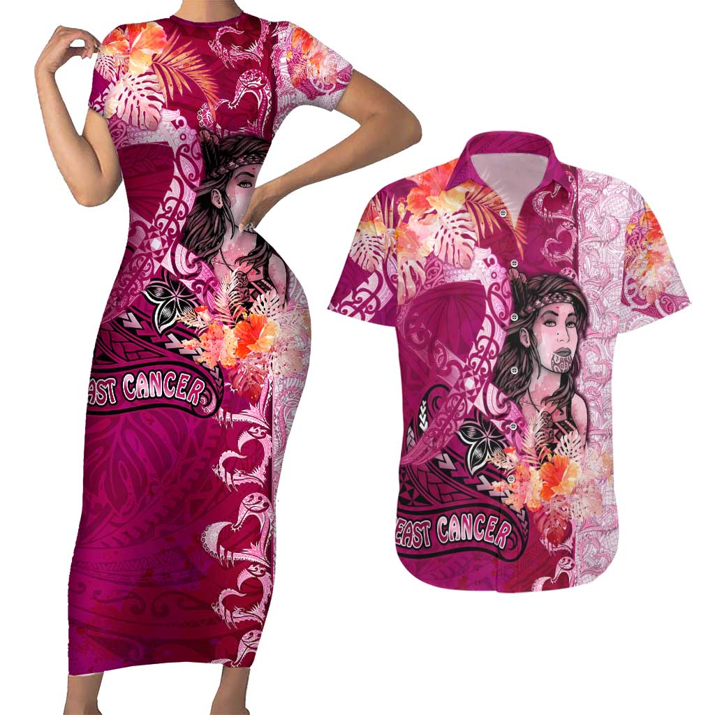 Breast Cancer New Zealand Couples Matching Short Sleeve Bodycon Dress and Hawaiian Shirt Maori Aotearoa Girl Pink Out