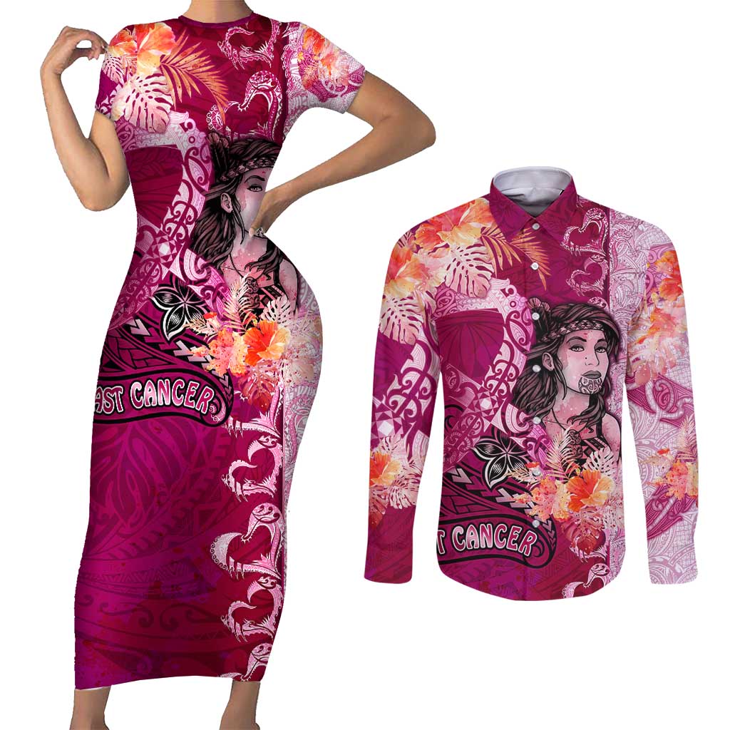 Breast Cancer New Zealand Couples Matching Short Sleeve Bodycon Dress and Long Sleeve Button Shirt Maori Aotearoa Girl Pink Out DT02 Pink - Polynesian Pride