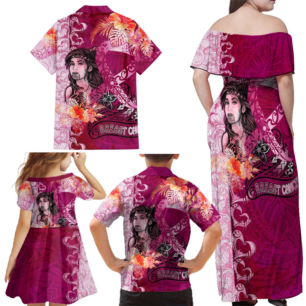Breast Cancer New Zealand Family Matching Off Shoulder Maxi Dress and Hawaiian Shirt Maori Aotearoa Girl Pink Out
