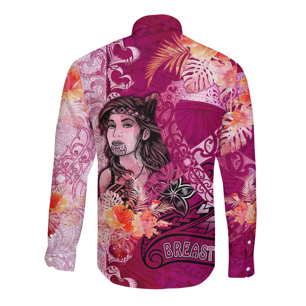 Breast Cancer New Zealand Long Sleeve Button Shirt Maori Aotearoa Girl Pink Out