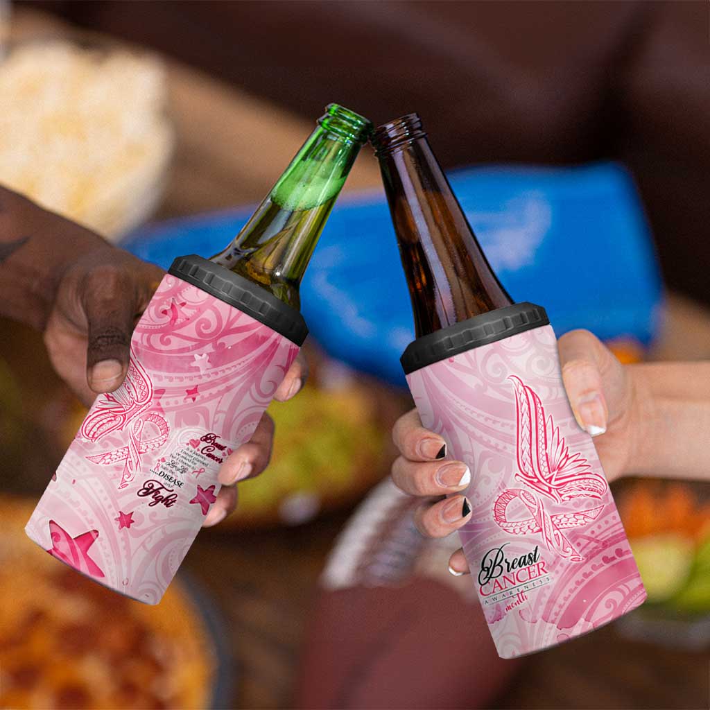 Breast Cancer Awareness Month 4 in 1 Can Cooler Tumbler Butterfly Polynesia Watercolor Pink