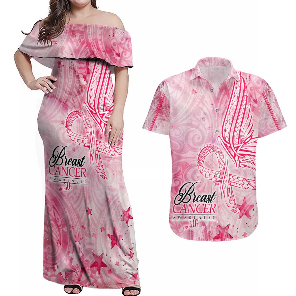 Breast Cancer Awareness Month Couples Matching Off Shoulder Maxi Dress and Hawaiian Shirt Butterfly Polynesia Watercolor Pink