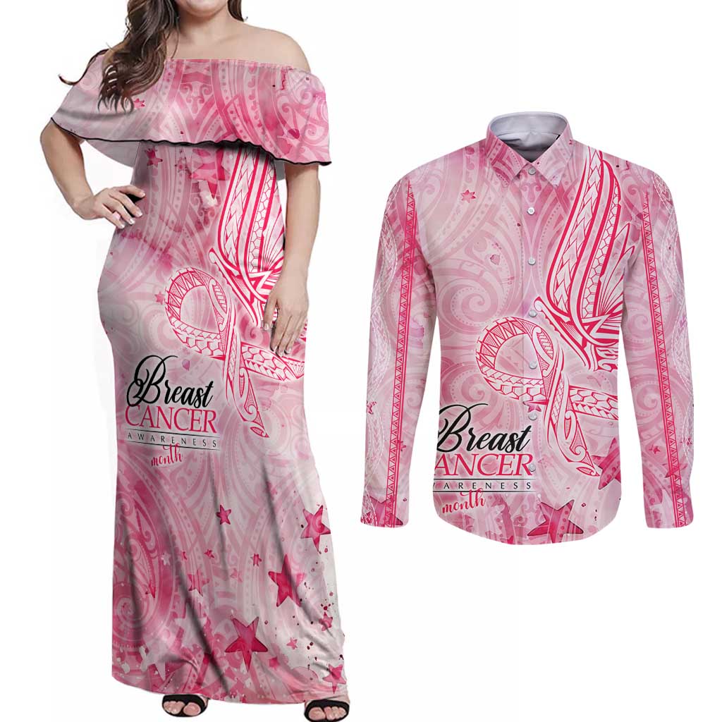 Breast Cancer Awareness Month Couples Matching Off Shoulder Maxi Dress and Long Sleeve Button Shirt Butterfly Polynesia Watercolor Pink