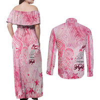 Breast Cancer Awareness Month Couples Matching Off Shoulder Maxi Dress and Long Sleeve Button Shirt Butterfly Polynesia Watercolor Pink