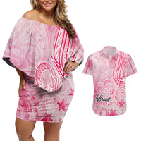 Breast Cancer Awareness Month Couples Matching Off Shoulder Short Dress and Hawaiian Shirt Butterfly Polynesia Watercolor Pink