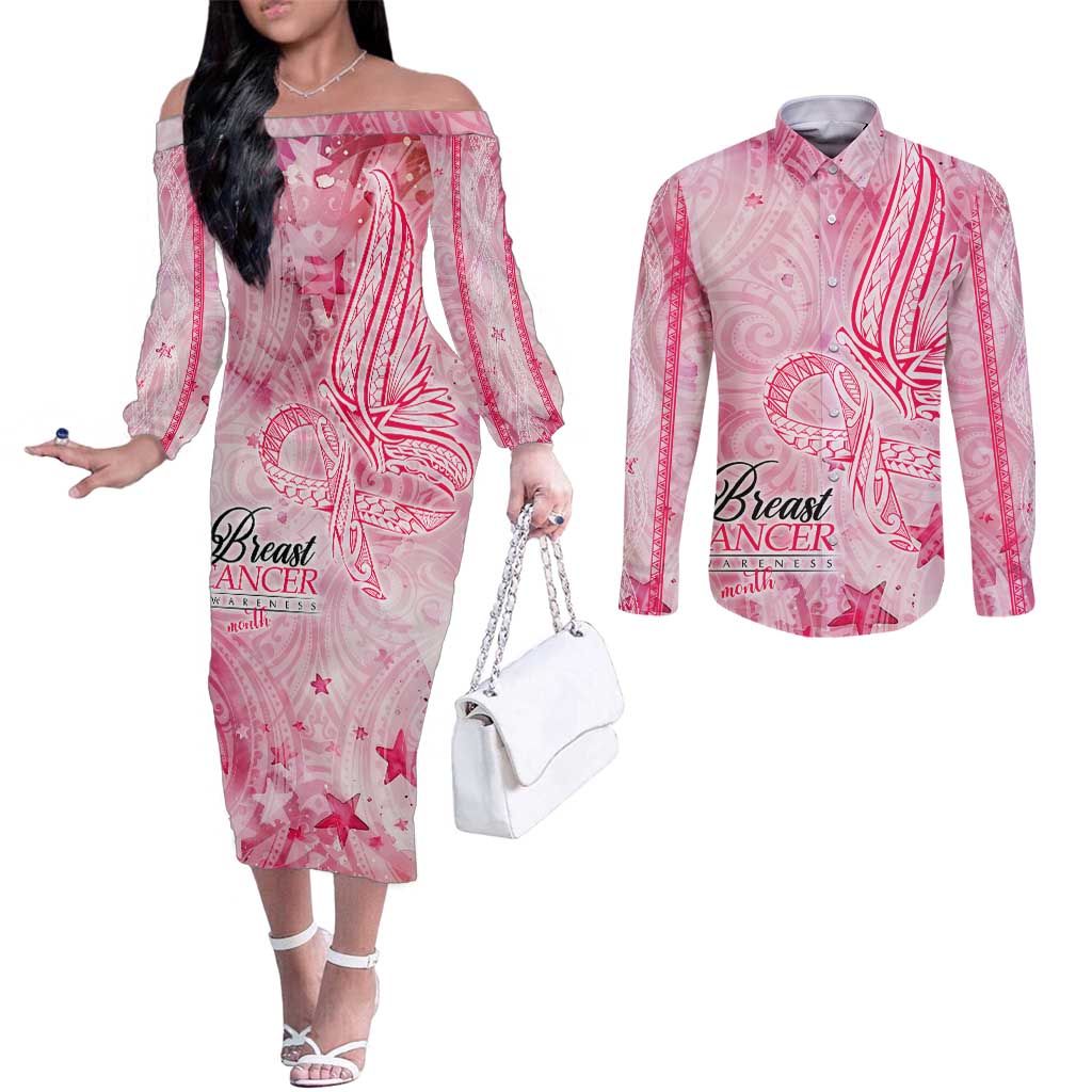 Breast Cancer Awareness Month Couples Matching Off The Shoulder Long Sleeve Dress and Long Sleeve Button Shirt Butterfly Polynesia Watercolor Pink