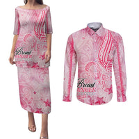 Breast Cancer Awareness Month Couples Matching Puletasi and Long Sleeve Button Shirt Butterfly Polynesia Watercolor Pink