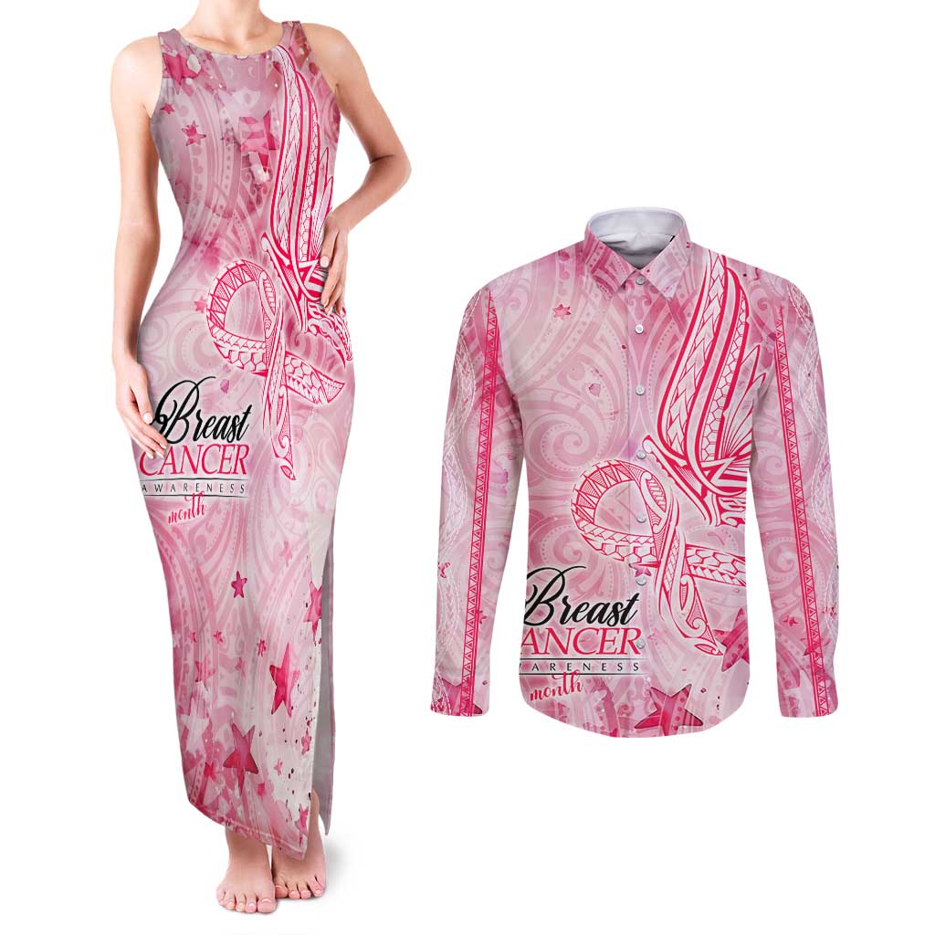 Breast Cancer Awareness Month Couples Matching Tank Maxi Dress and Long Sleeve Button Shirt Butterfly Polynesia Watercolor Pink
