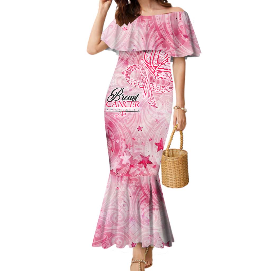 Breast Cancer Awareness Month Family Matching Mermaid Dress and Hawaiian Shirt Butterfly Polynesia Watercolor Pink