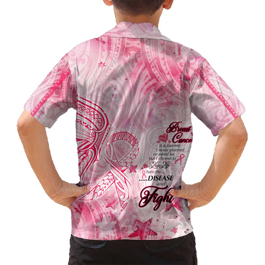 Breast Cancer Awareness Month Family Matching Off Shoulder Short Dress and Hawaiian Shirt Butterfly Polynesia Watercolor Pink