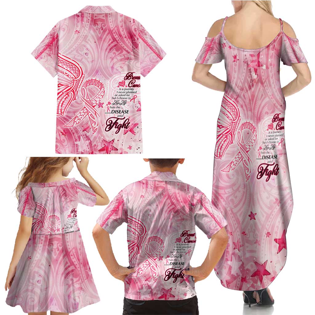 Breast Cancer Awareness Month Family Matching Summer Maxi Dress and Hawaiian Shirt Butterfly Polynesia Watercolor Pink