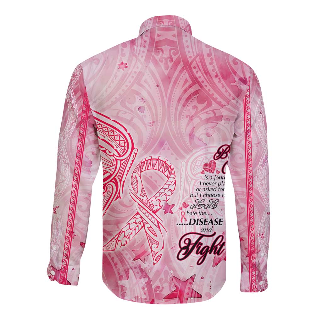 Breast Cancer Awareness Month Long Sleeve Button Shirt Butterfly Polynesia Watercolor Pink