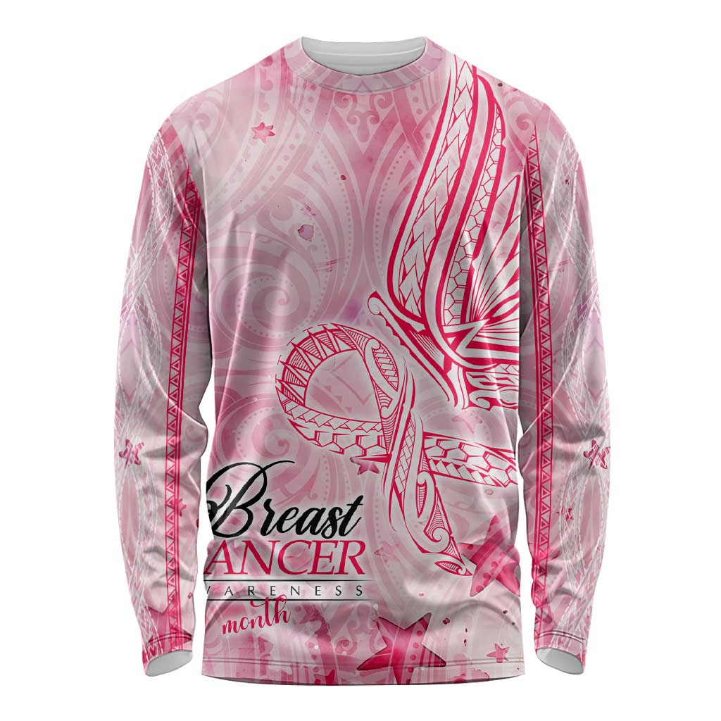 Breast Cancer Awareness Month Long Sleeve Shirt Butterfly Polynesia Watercolor Pink