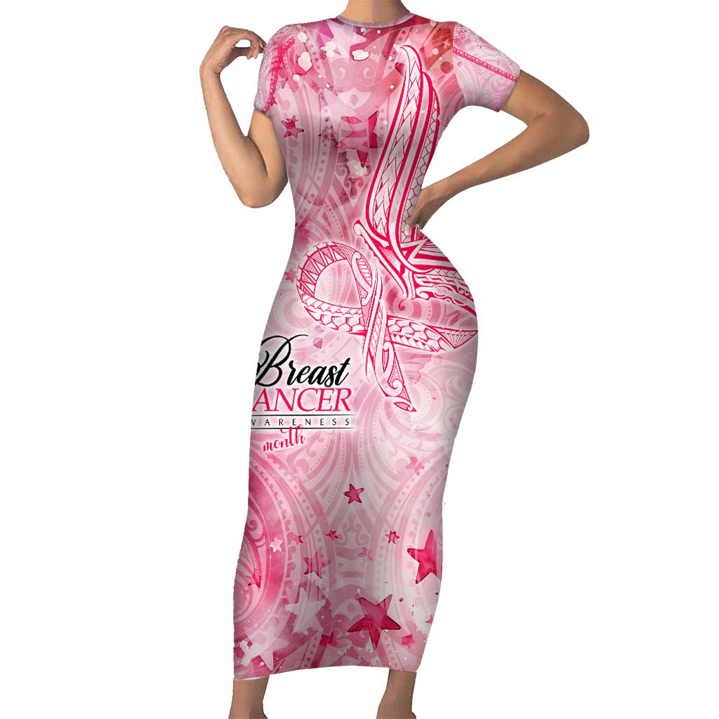 Breast Cancer Awareness Month Short Sleeve Bodycon Dress Butterfly Polynesia Watercolor Pink