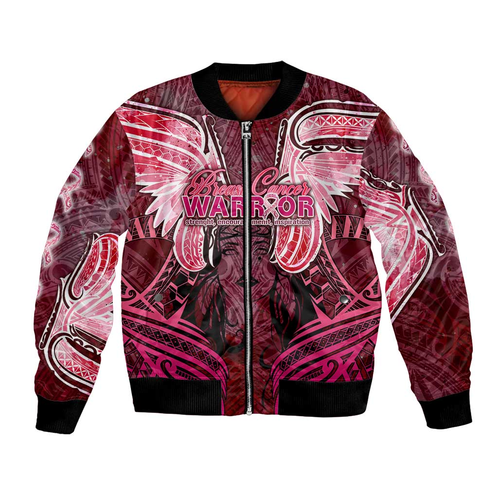 Breast Cancer Warrior Bomber Jacket Angel Wings Polynesian Pattern