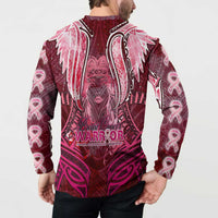 Breast Cancer Warrior Button Sweatshirt Angel Wings Polynesian Pattern