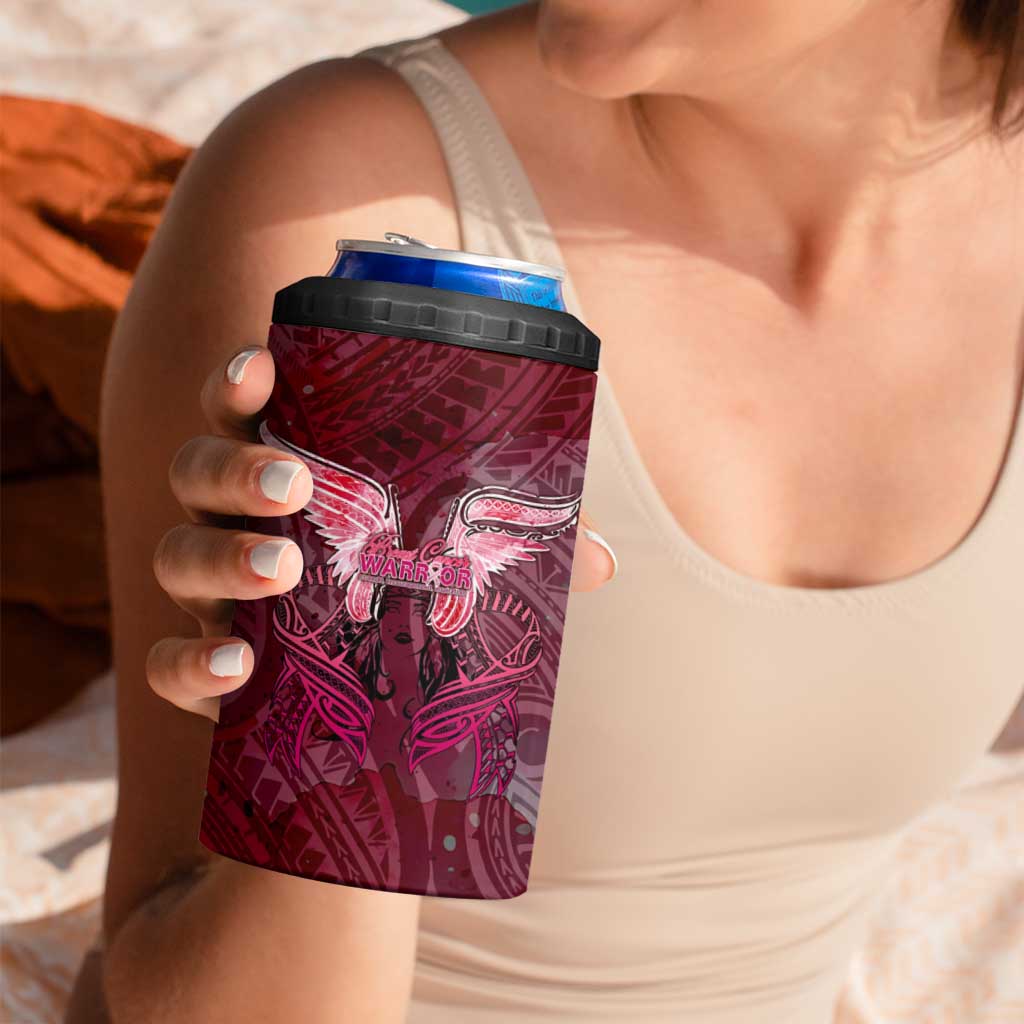 Breast Cancer Warrior 4 in 1 Can Cooler Tumbler Angel Wings Polynesian Pattern