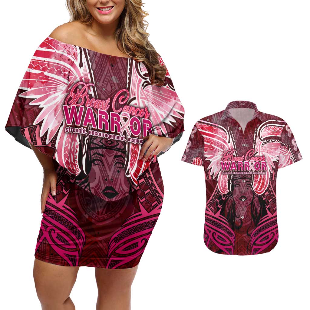 Breast Cancer Warrior Couples Matching Off Shoulder Short Dress and Hawaiian Shirt Angel Wings Polynesian Pattern