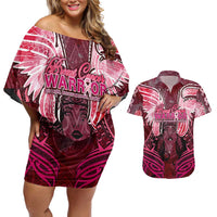 Breast Cancer Warrior Couples Matching Off Shoulder Short Dress and Hawaiian Shirt Angel Wings Polynesian Pattern
