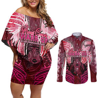 Breast Cancer Warrior Couples Matching Off Shoulder Short Dress and Long Sleeve Button Shirt Angel Wings Polynesian Pattern