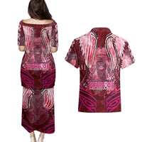 Breast Cancer Warrior Couples Matching Puletasi and Hawaiian Shirt Angel Wings Polynesian Pattern