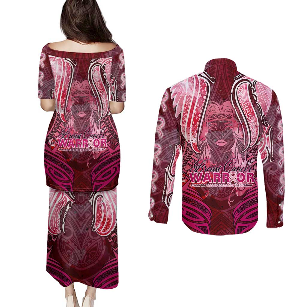 Breast Cancer Warrior Couples Matching Puletasi and Long Sleeve Button Shirt Angel Wings Polynesian Pattern DT02 - Polynesian Pride