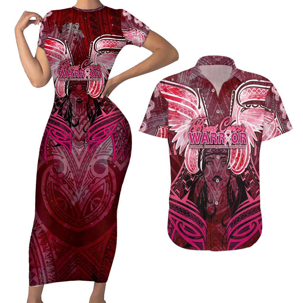 Breast Cancer Warrior Couples Matching Short Sleeve Bodycon Dress and Hawaiian Shirt Angel Wings Polynesian Pattern