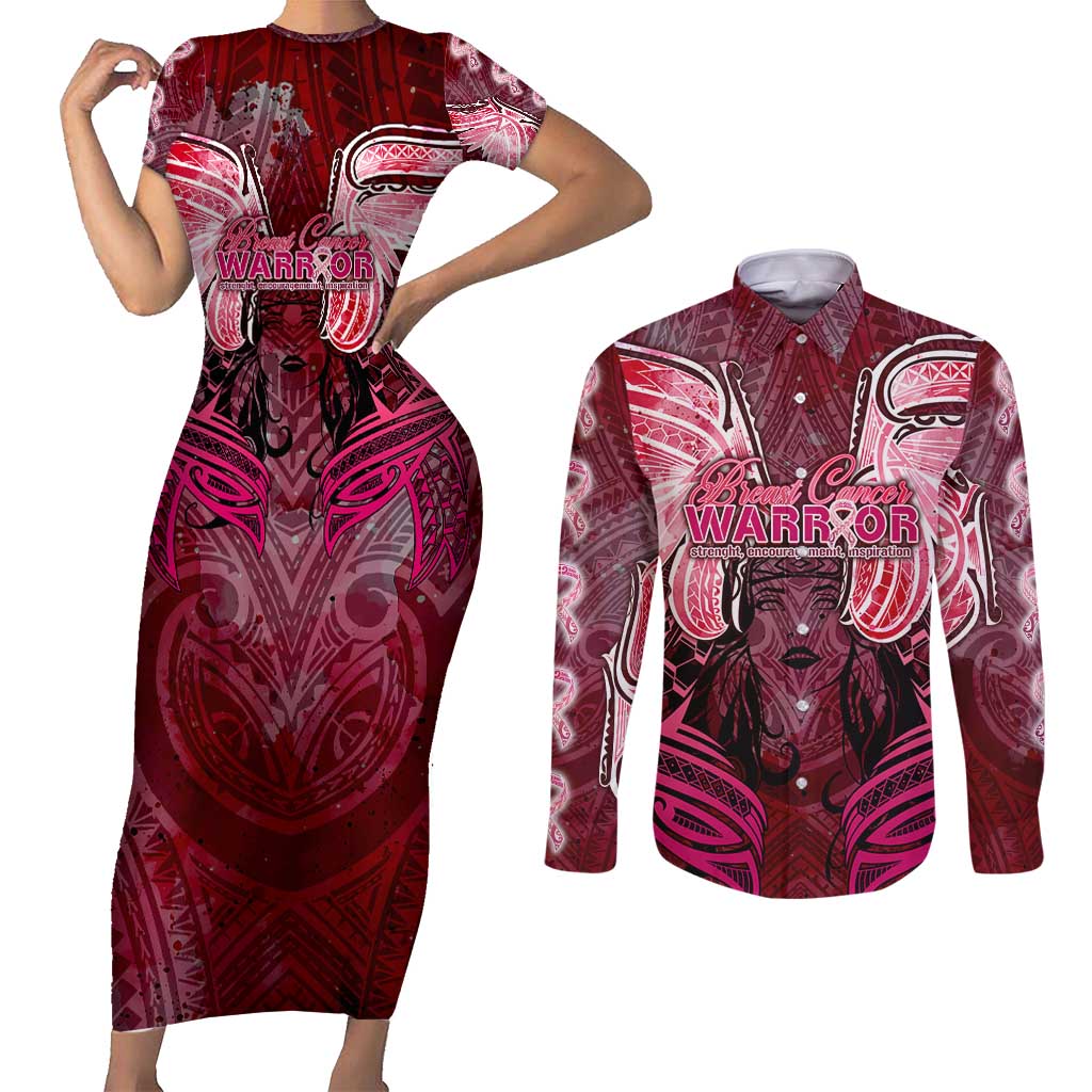 Breast Cancer Warrior Couples Matching Short Sleeve Bodycon Dress and Long Sleeve Button Shirt Angel Wings Polynesian Pattern DT02 Pink - Polynesian Pride
