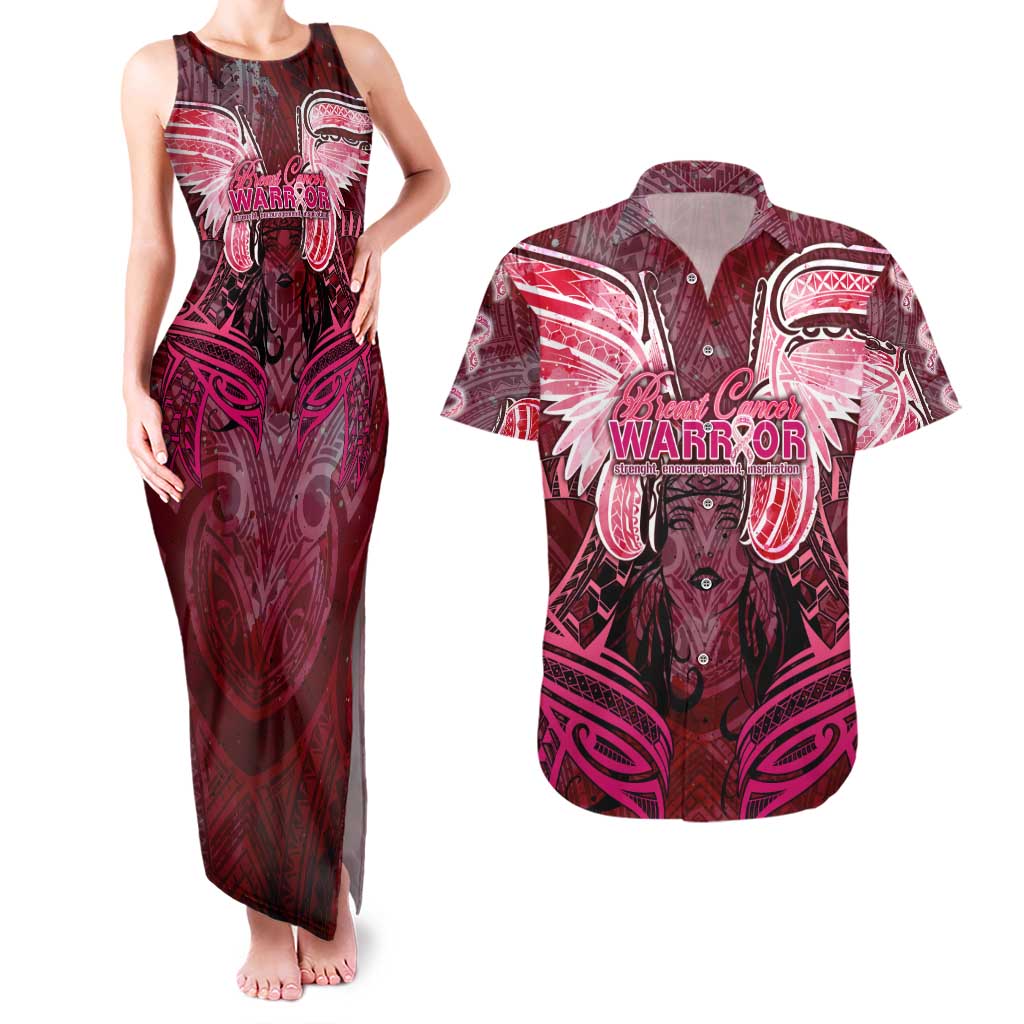 Breast Cancer Warrior Couples Matching Tank Maxi Dress and Hawaiian Shirt Angel Wings Polynesian Pattern