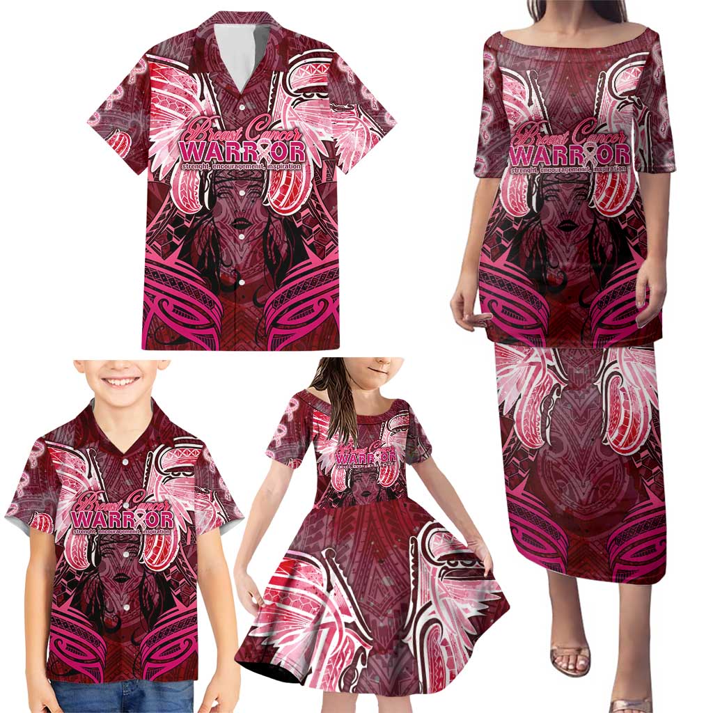 Breast Cancer Warrior Family Matching Puletasi and Hawaiian Shirt Angel Wings Polynesian Pattern