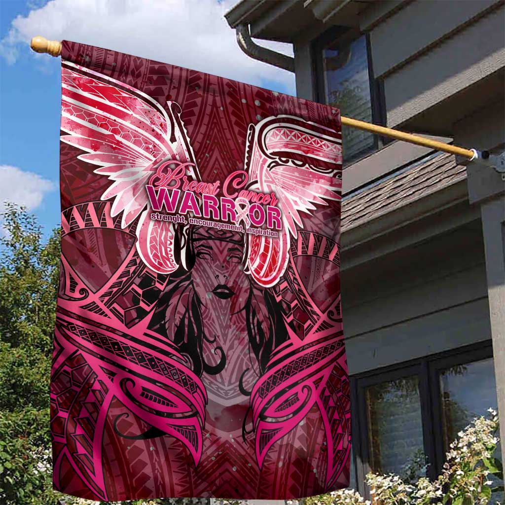 Breast Cancer Warrior Garden Flag Angel Wings Polynesian Pattern