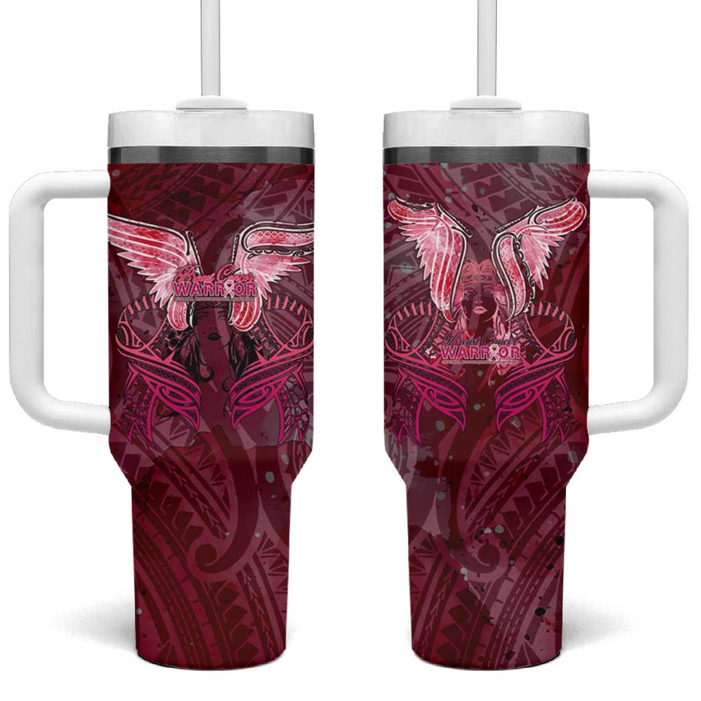Breast Cancer Warrior Tumbler With Handle Angel Wings Polynesian Pattern