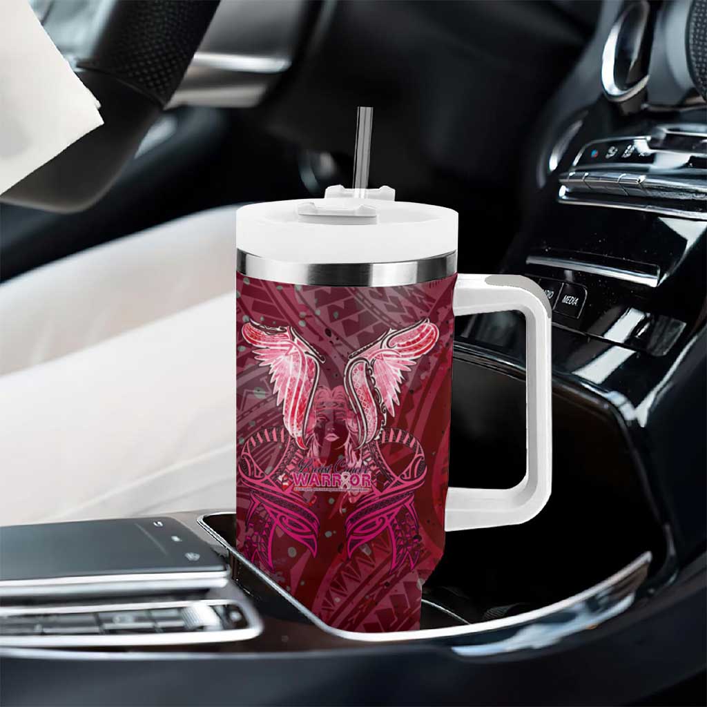 Breast Cancer Warrior Tumbler With Handle Angel Wings Polynesian Pattern