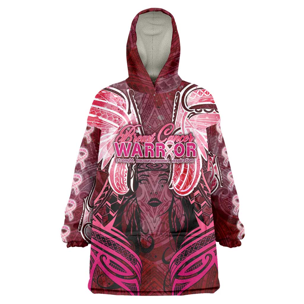 Breast Cancer Warrior Wearable Blanket Hoodie Angel Wings Polynesian Pattern
