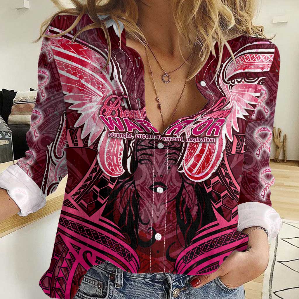 Breast Cancer Warrior Women Casual Shirt Angel Wings Polynesian Pattern