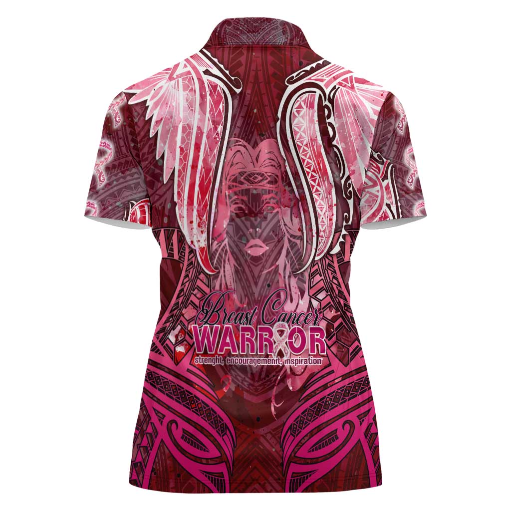Breast Cancer Warrior Women Polo Shirt Angel Wings Polynesian Pattern
