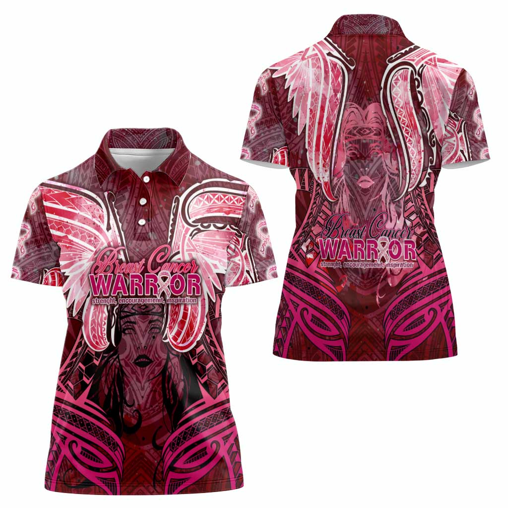 Breast Cancer Warrior Women Polo Shirt Angel Wings Polynesian Pattern