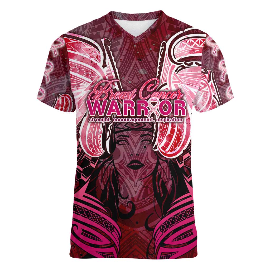 Breast Cancer Warrior Women V-Neck T-Shirt Angel Wings Polynesian Pattern