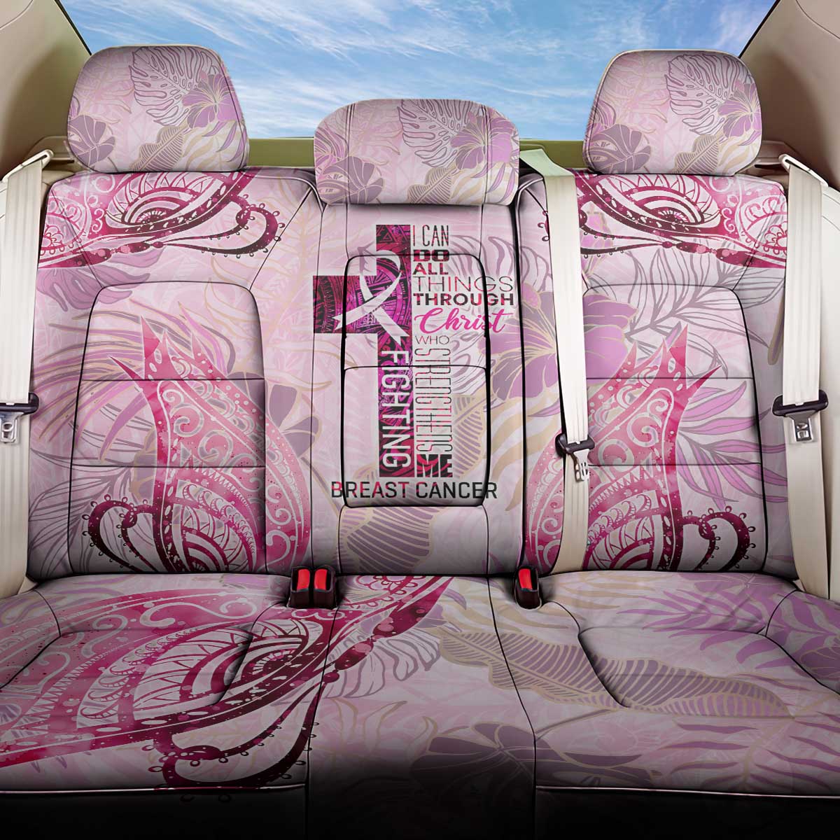 Breast Cancer Polynesian Back Car Seat Cover I Can Do All Things Through Christ