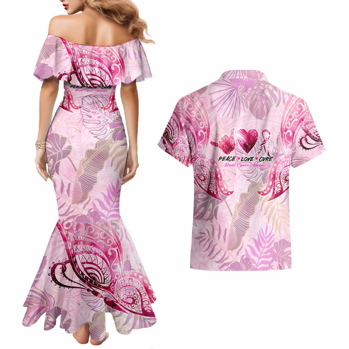 Breast Cancer Polynesian Couples Matching Mermaid Dress and Hawaiian Shirt I Can Do All Things Through Christ