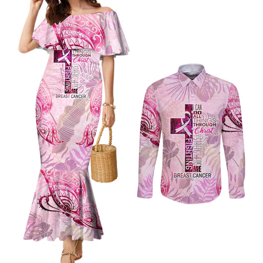 Breast Cancer Polynesian Couples Matching Mermaid Dress and Long Sleeve Button Shirt I Can Do All Things Through Christ DT02 Pink - Polynesian Pride