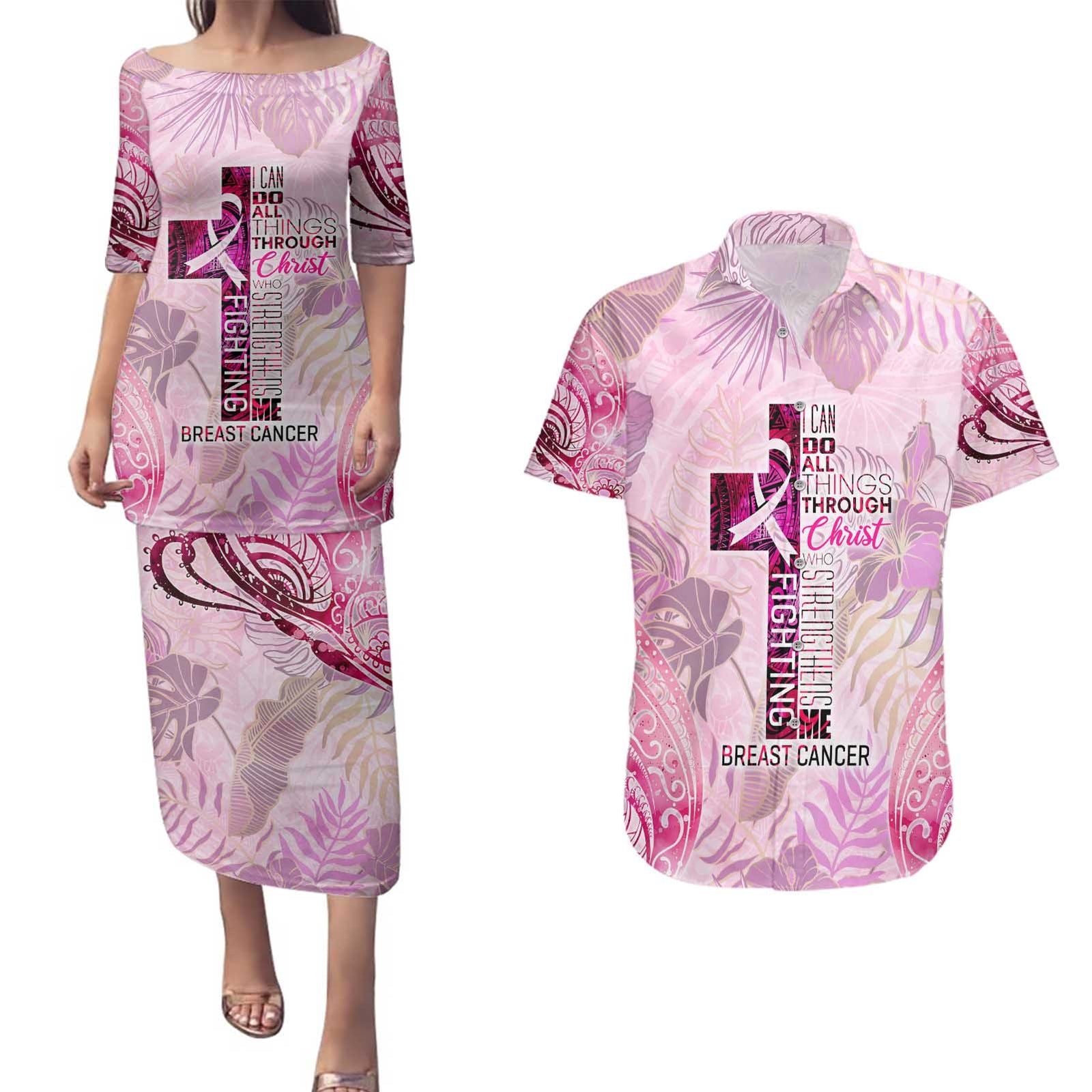 Breast Cancer Polynesian Couples Matching Puletasi and Hawaiian Shirt I Can Do All Things Through Christ