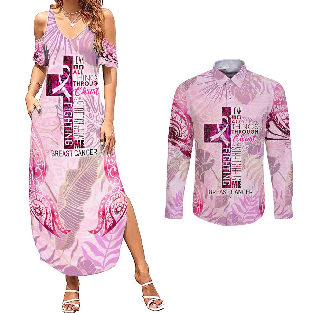 Breast Cancer Polynesian Couples Matching Summer Maxi Dress and Long Sleeve Button Shirt I Can Do All Things Through Christ DT02 Pink - Polynesian Pride