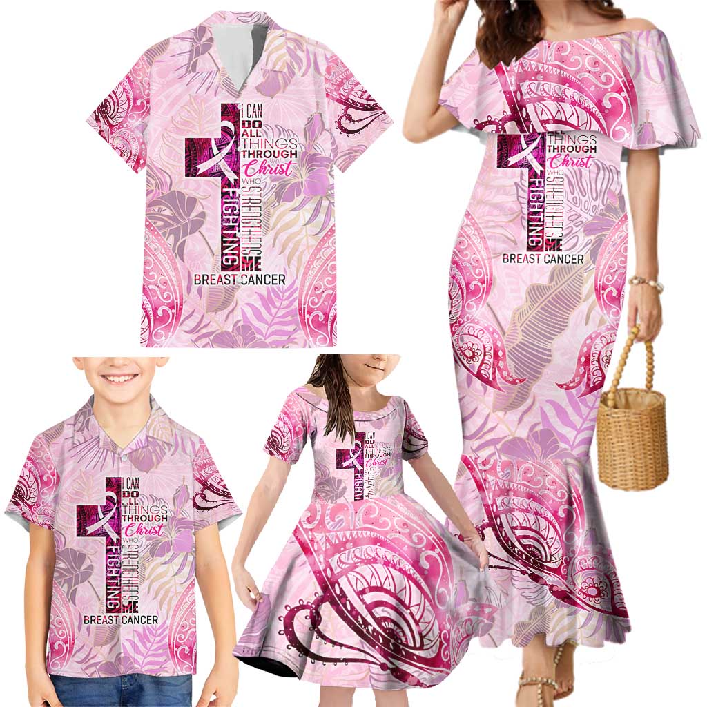 Breast Cancer Polynesian Family Matching Mermaid Dress and Hawaiian Shirt I Can Do All Things Through Christ