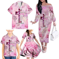 Breast Cancer Polynesian Family Matching Off The Shoulder Long Sleeve Dress and Hawaiian Shirt I Can Do All Things Through Christ
