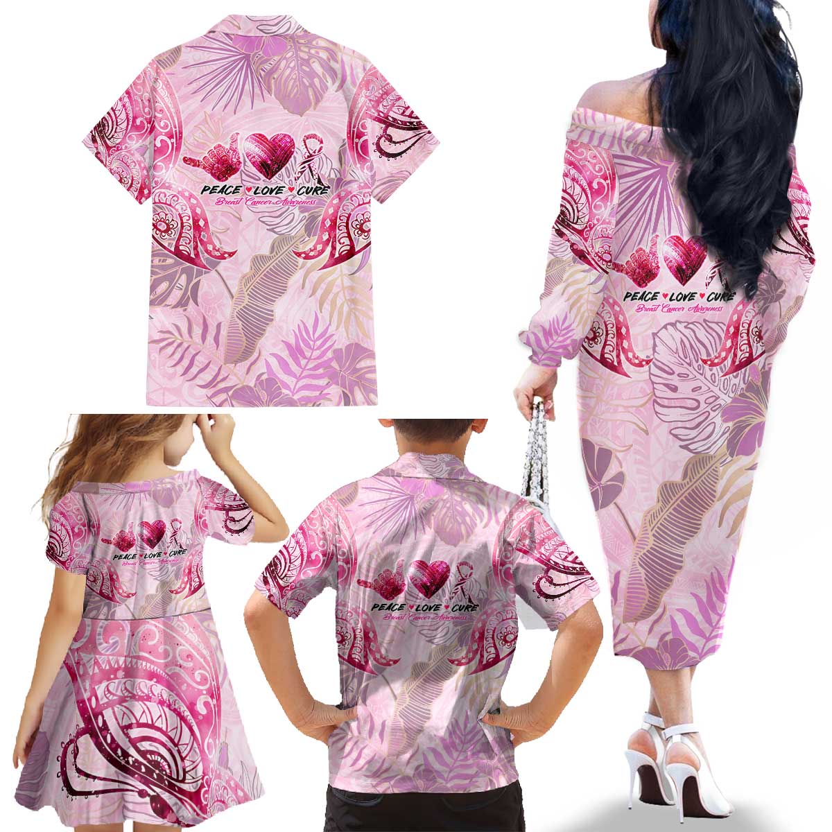 Breast Cancer Polynesian Family Matching Off The Shoulder Long Sleeve Dress and Hawaiian Shirt I Can Do All Things Through Christ
