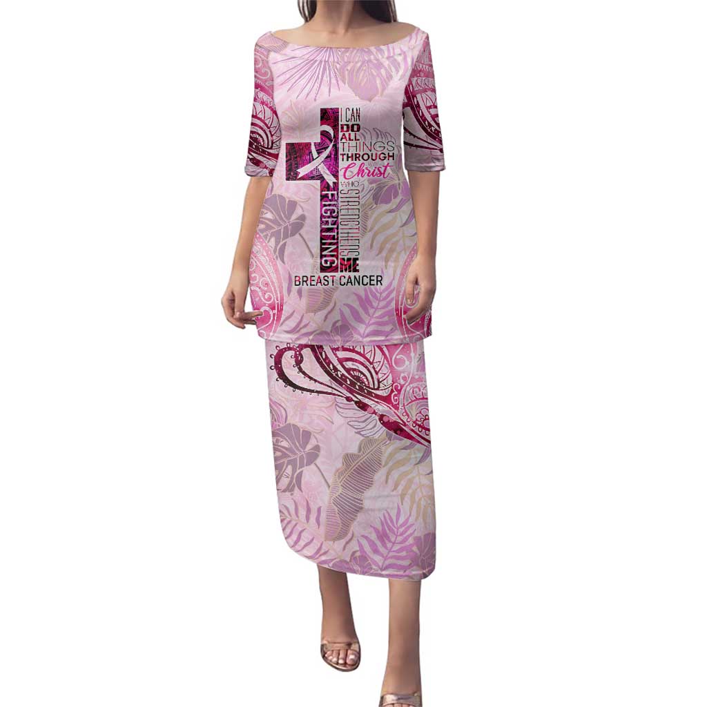 Breast Cancer Polynesian Family Matching Puletasi and Hawaiian Shirt I Can Do All Things Through Christ