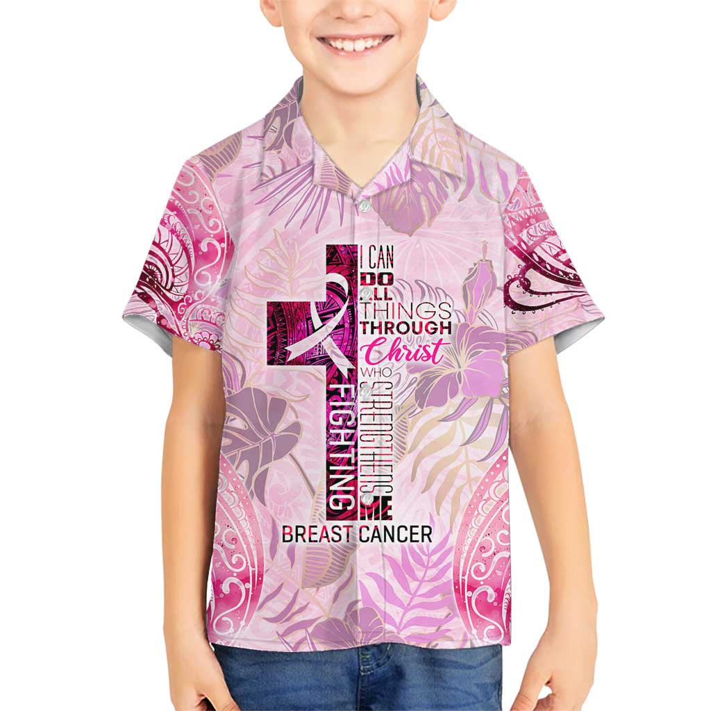 Breast Cancer Polynesian Family Matching Tank Maxi Dress and Hawaiian Shirt I Can Do All Things Through Christ