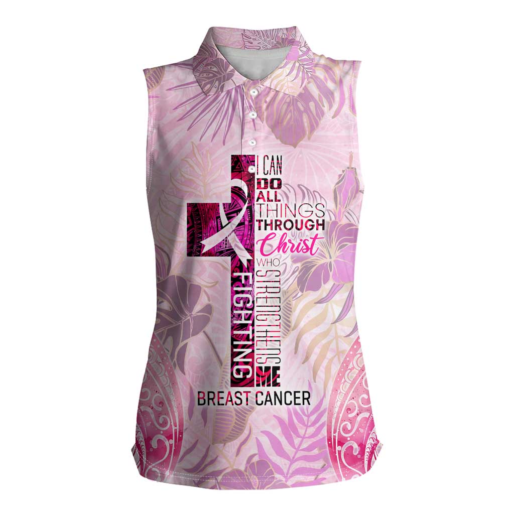 Breast Cancer Polynesian Women Sleeveless Polo Shirt I Can Do All Things Through Christ